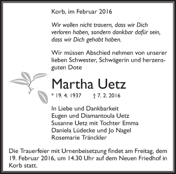Traueranzeige von Martha Uetz von Waiblinger Kreiszeitung