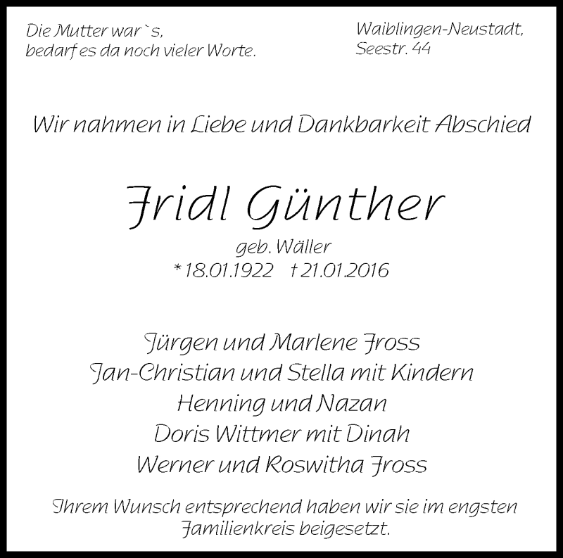  Traueranzeige für Fridl Günther vom 03.02.2016 aus Waiblinger Kreiszeitung