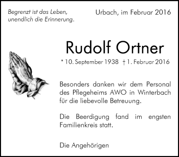 Traueranzeige von Rudolf Ortner von Waiblinger Kreiszeitung