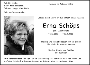 Traueranzeige von Erna Schöps von Waiblinger Kreiszeitung