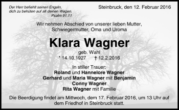 Traueranzeige von Klara Wagner von Waiblinger Kreiszeitung