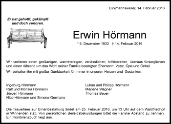 Traueranzeige von Erwin Hörmann von Waiblinger Kreiszeitung