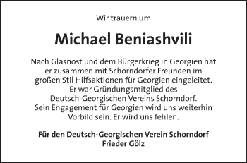 Traueranzeige von Michael Beniashvili von Waiblinger Kreiszeitung