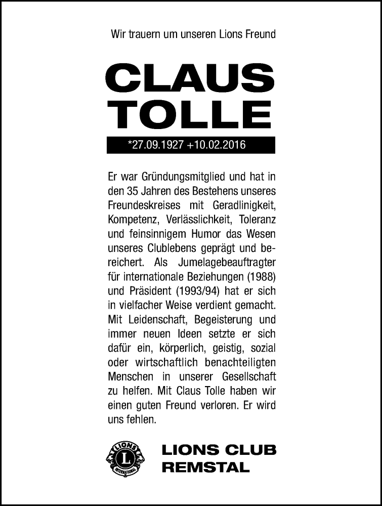  Traueranzeige für Claus Tolle vom 13.02.2016 aus Waiblinger Kreiszeitung