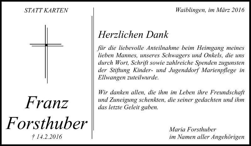  Traueranzeige für Franz Forsthuber vom 05.03.2016 aus Waiblinger Kreiszeitung