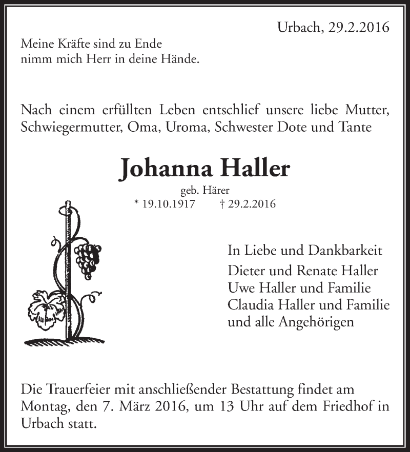  Traueranzeige für Johanna Haller vom 04.03.2016 aus Waiblinger Kreiszeitung