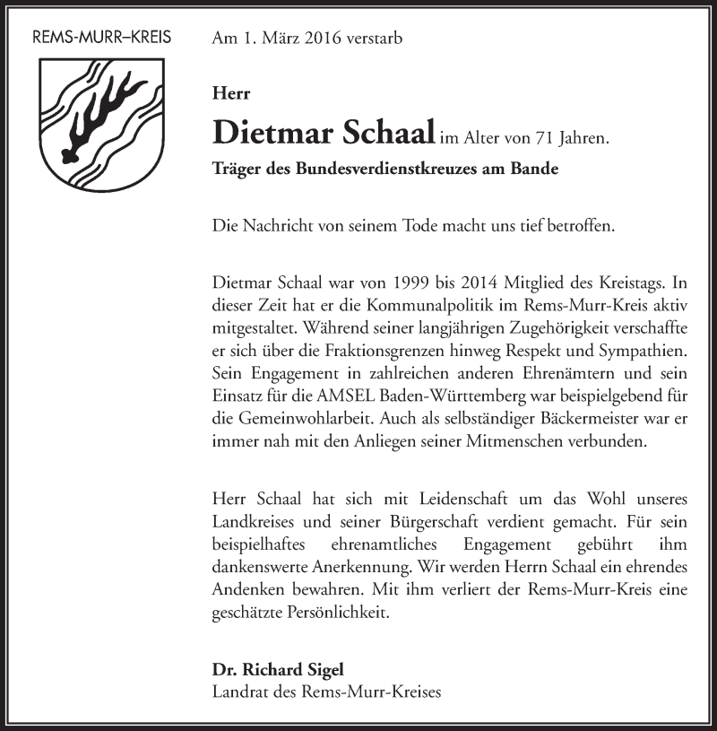  Traueranzeige für Dietmar Schaal vom 05.03.2016 aus Waiblinger Kreiszeitung