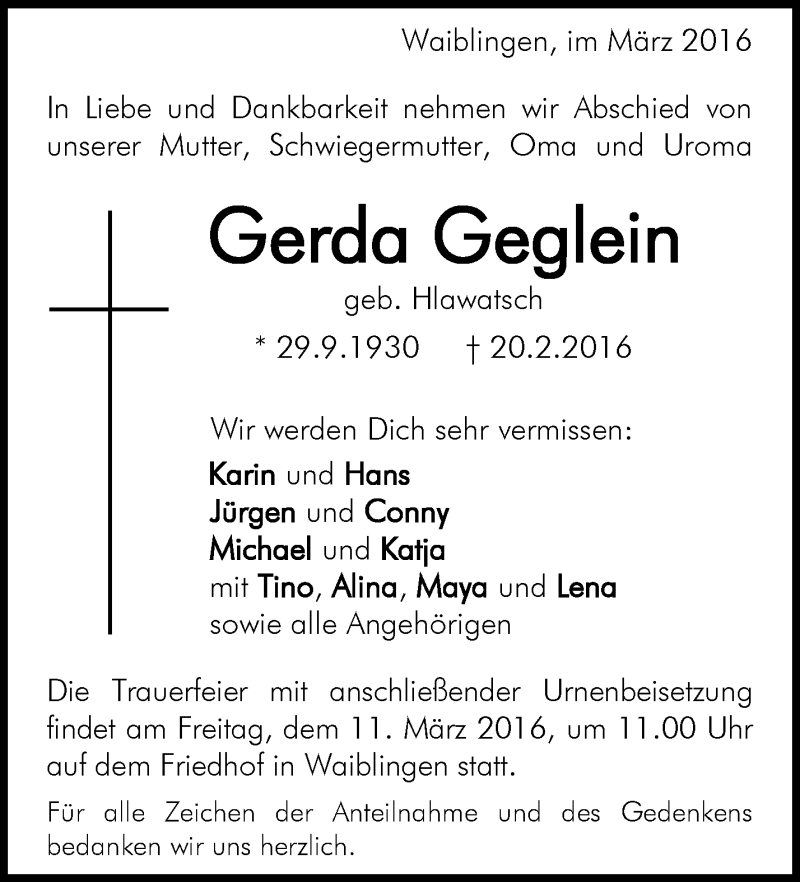  Traueranzeige für Gerda Geglein vom 08.03.2016 aus Waiblinger Kreiszeitung