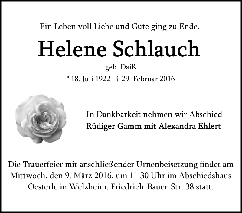  Traueranzeige für Helene Schlauch vom 05.03.2016 aus Waiblinger Kreiszeitung