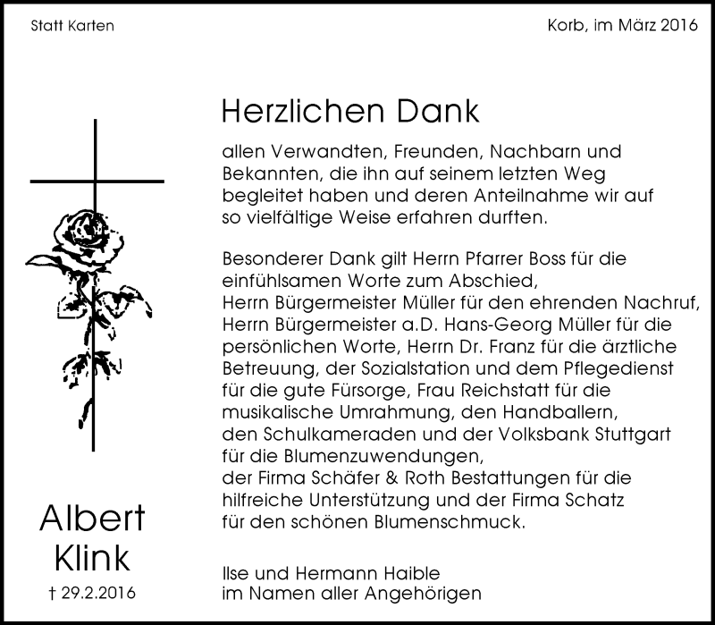  Traueranzeige für Albert Klink vom 23.03.2016 aus Waiblinger Kreiszeitung