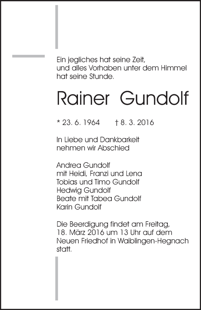 Traueranzeige für Rainer Gundolf vom 12.03.2016 aus Waiblinger Kreiszeitung