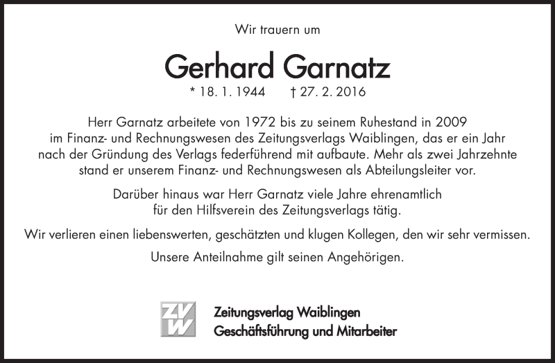  Traueranzeige für Gerhard Garnatz vom 08.03.2016 aus Waiblinger Kreiszeitung