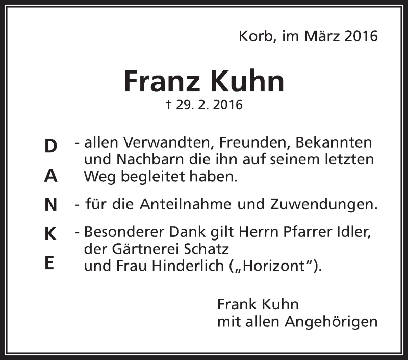  Traueranzeige für Franz Kuhn vom 24.03.2016 aus Waiblinger Kreiszeitung