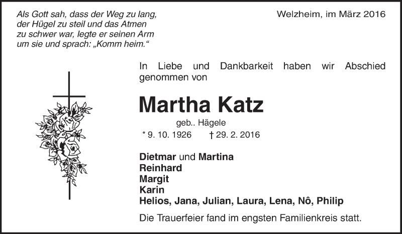  Traueranzeige für Martha Katz vom 18.03.2016 aus Waiblinger Kreiszeitung