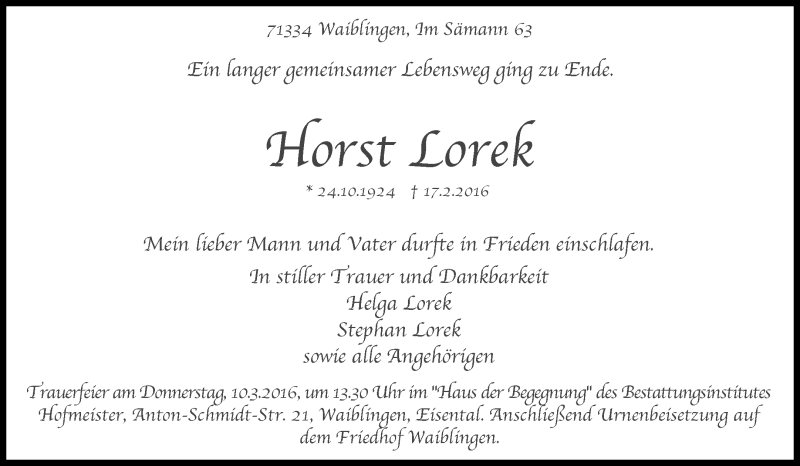  Traueranzeige für Horst Lorek vom 07.03.2016 aus Waiblinger Kreiszeitung