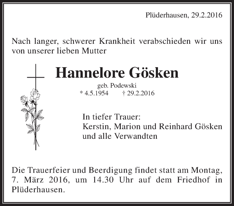  Traueranzeige für Hannelore Gösken vom 05.03.2016 aus Waiblinger Kreiszeitung