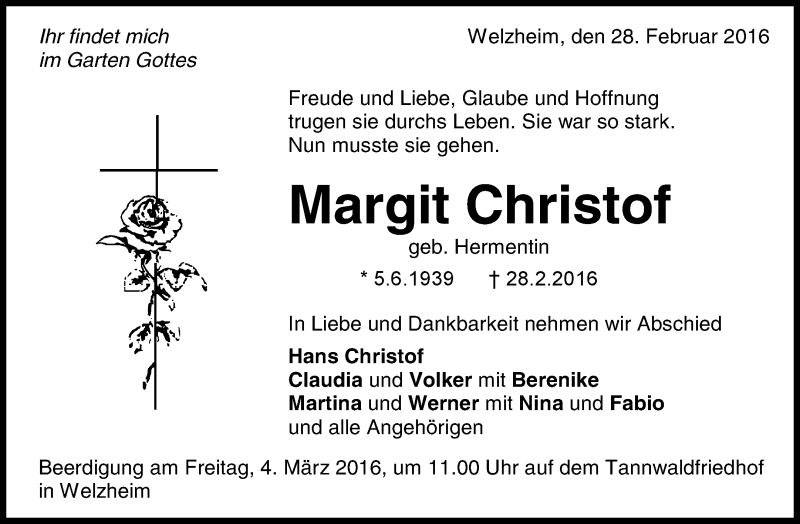  Traueranzeige für Margit Christof vom 02.03.2016 aus Waiblinger Kreiszeitung
