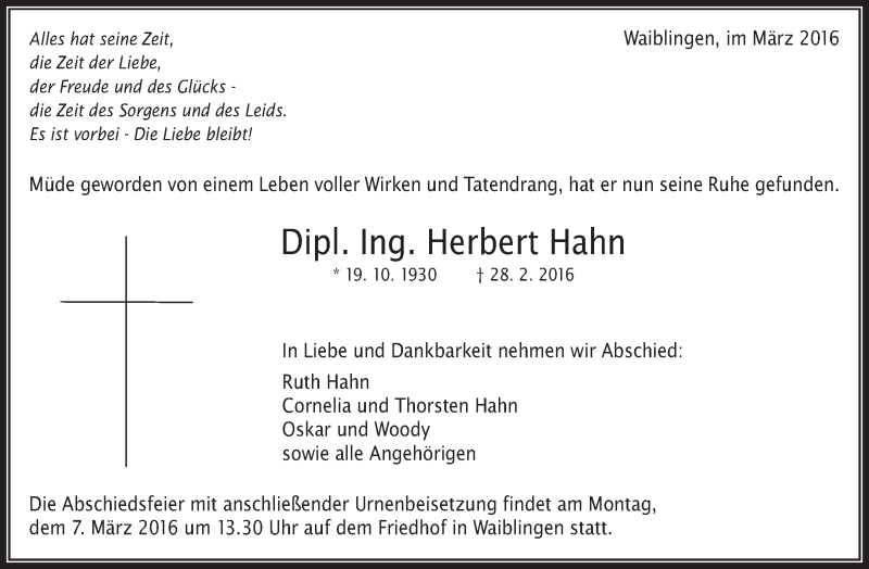  Traueranzeige für Herbert Hahn vom 02.03.2016 aus Waiblinger Kreiszeitung