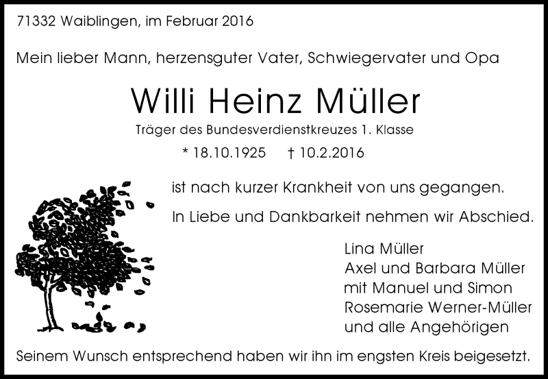  Traueranzeige für Willi Heinz Müller vom 02.03.2016 aus Waiblinger Kreiszeitung
