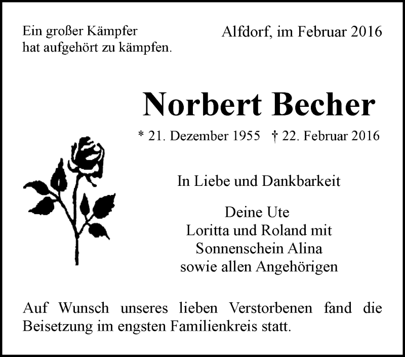  Traueranzeige für Norbert Becher vom 11.03.2016 aus Waiblinger Kreiszeitung
