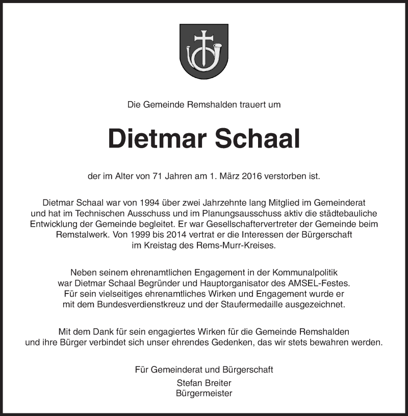  Traueranzeige für Dietmar Schaal vom 05.03.2016 aus Waiblinger Kreiszeitung