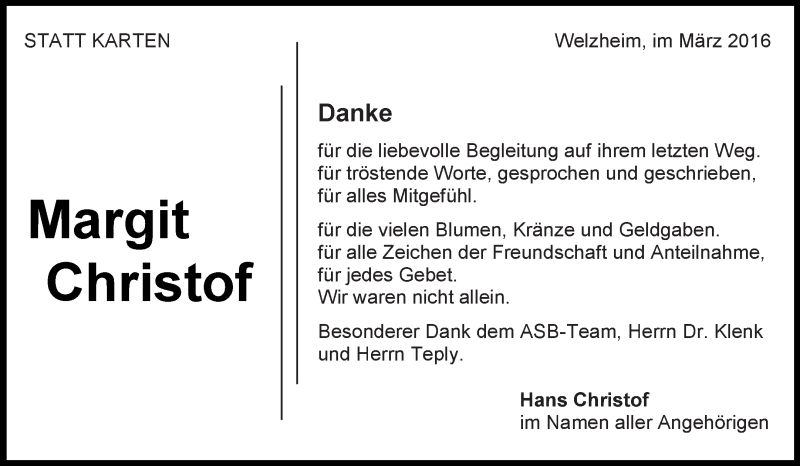  Traueranzeige für Margit Christof vom 21.03.2016 aus Waiblinger Kreiszeitung