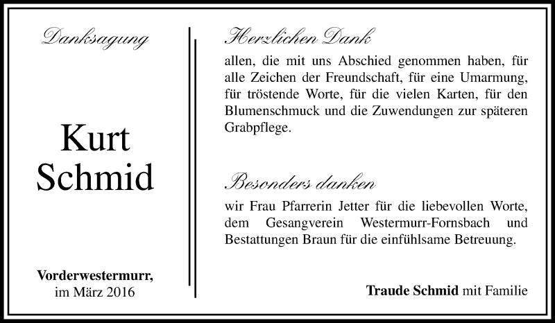  Traueranzeige für Kurt Schmid vom 05.03.2016 aus Waiblinger Kreiszeitung