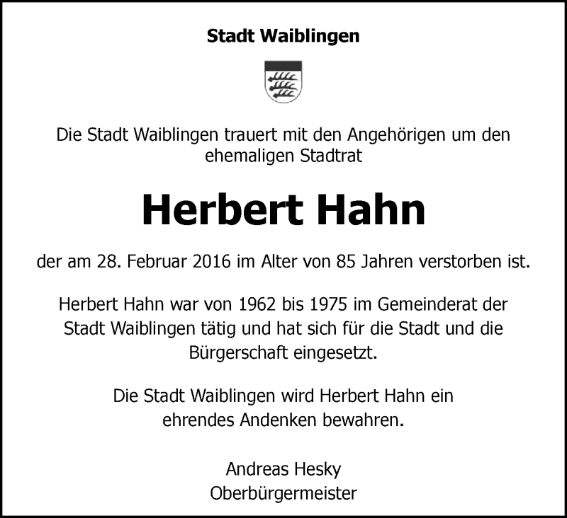  Traueranzeige für Herbert Hahn vom 05.03.2016 aus Waiblinger Kreiszeitung