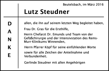 Traueranzeige von Lutz Steudner von Waiblinger Kreiszeitung