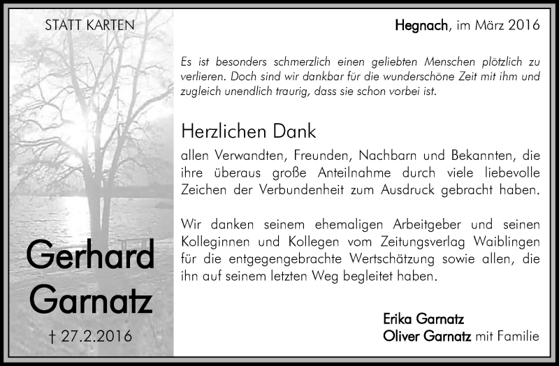  Traueranzeige für Gerhard Garnatz vom 19.03.2016 aus Waiblinger Kreiszeitung