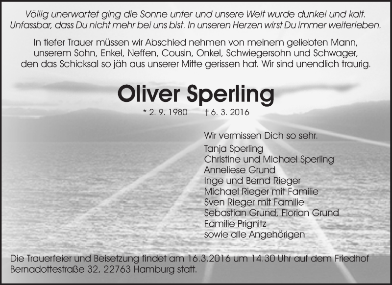  Traueranzeige für Oliver Sperling vom 12.03.2016 aus Waiblinger Kreiszeitung