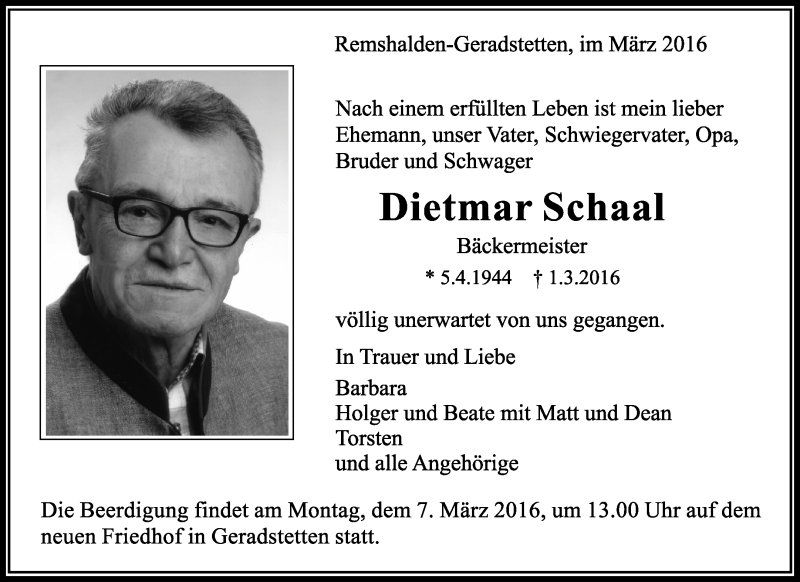  Traueranzeige für Dietmar Schaal vom 04.03.2016 aus Waiblinger Kreiszeitung