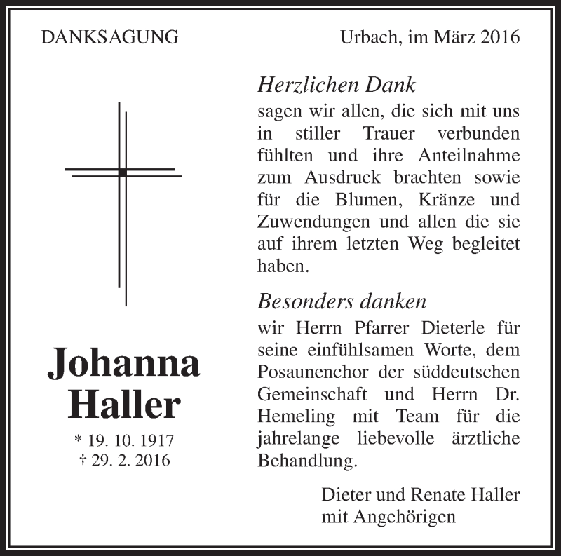  Traueranzeige für Johanna Haller vom 15.03.2016 aus Waiblinger Kreiszeitung