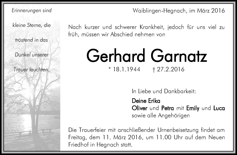  Traueranzeige für Gerhard Garnatz vom 07.03.2016 aus Waiblinger Kreiszeitung