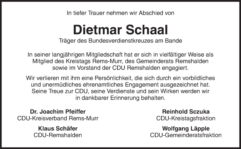  Traueranzeige für Dietmar Schaal vom 04.03.2016 aus Waiblinger Kreiszeitung