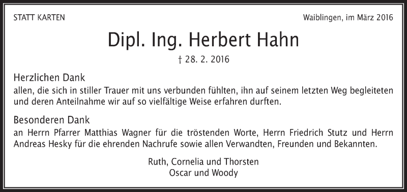  Traueranzeige für Herbert Hahn vom 10.03.2016 aus Waiblinger Kreiszeitung