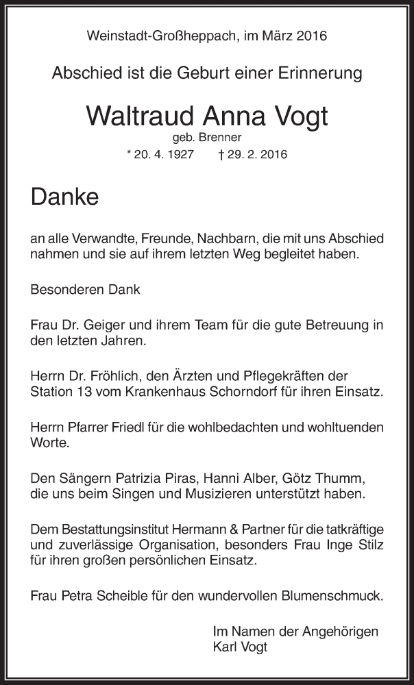  Traueranzeige für Waltraud Anna Vogt vom 11.03.2016 aus Waiblinger Kreiszeitung