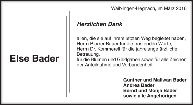  Traueranzeige für Else Bader vom 11.03.2016 aus Waiblinger Kreiszeitung