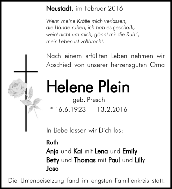 Traueranzeige von Helene Plein von Waiblinger Kreiszeitung