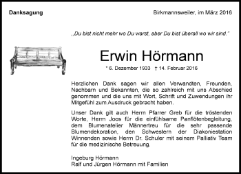 Traueranzeige von Erwin Hörmann von Waiblinger Kreiszeitung