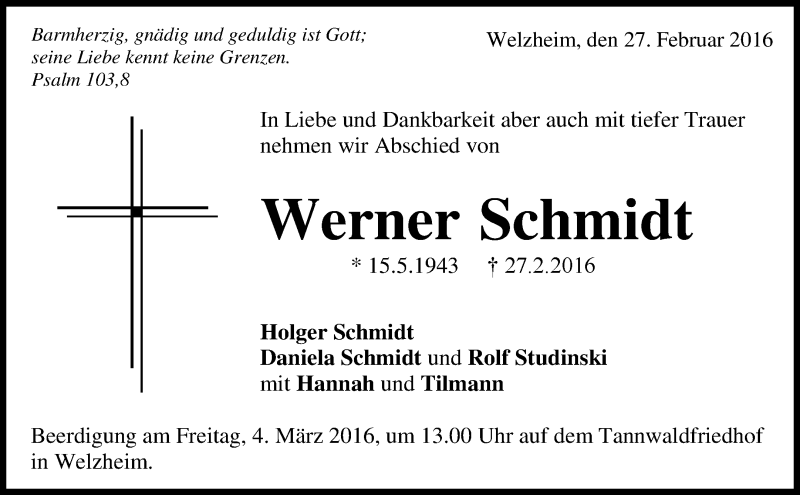  Traueranzeige für Werner Schmidt vom 02.03.2016 aus Waiblinger Kreiszeitung