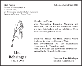 Traueranzeige von Lina Böhringer von Waiblinger Kreiszeitung