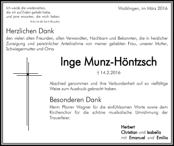 Traueranzeige von Inge Munz-Höntzsch von Waiblinger Kreiszeitung
