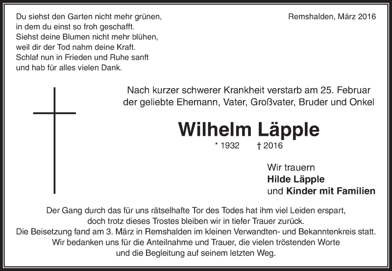  Traueranzeige für Wilhelm Läpple vom 11.03.2016 aus Waiblinger Kreiszeitung