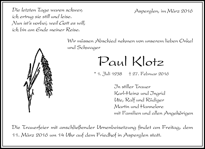  Traueranzeige für Paul Klotz vom 08.03.2016 aus Waiblinger Kreiszeitung