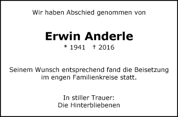 Traueranzeige von Erwin Anderle von Waiblinger Kreiszeitung