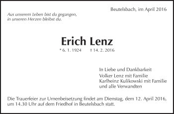 Traueranzeige von Erich Lenz von Waiblinger Kreiszeitung