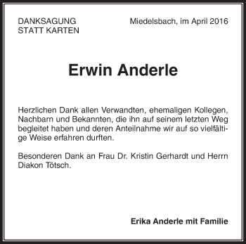 Traueranzeige von Erwin Anderle von Waiblinger Kreiszeitung