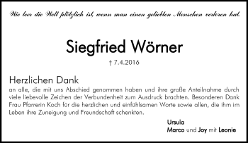 Traueranzeige von Siegfried Wörner von Waiblinger Kreiszeitung