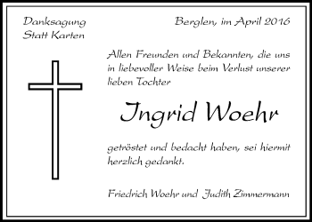 Traueranzeige von Ingrid Woehr von Waiblinger Kreiszeitung
